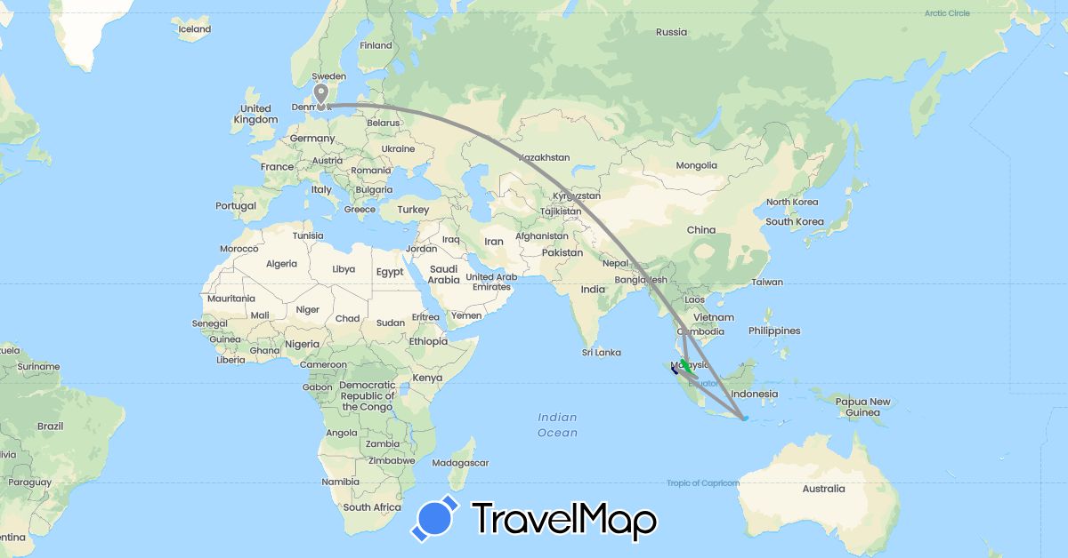 TravelMap itinerary: driving, bus, plane, boat in Denmark, Indonesia, Malaysia, Singapore, Thailand (Asia, Europe)
